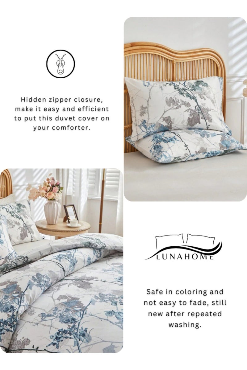 LUNA Home Queen size 6 pieces set: 1 Duvet cover - 200*230cm.; 1 Flat sheet - 230*250cm.; 4 Pillow covers - 50*75cm. Bedding set, blue with grey Leaves. - Image 4